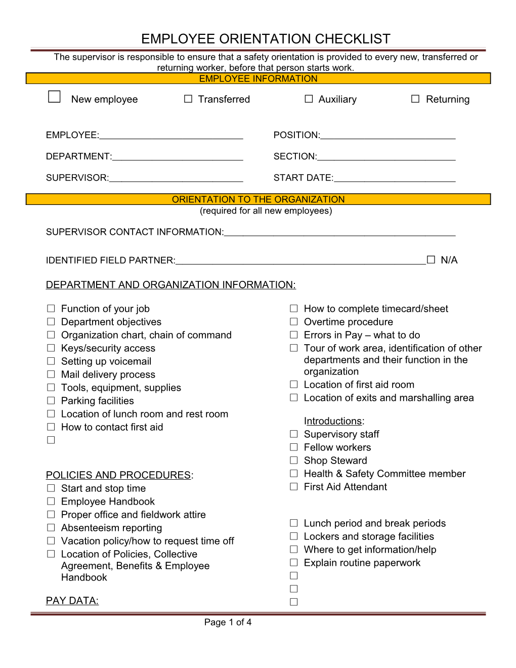 Employee Orientation Checklist