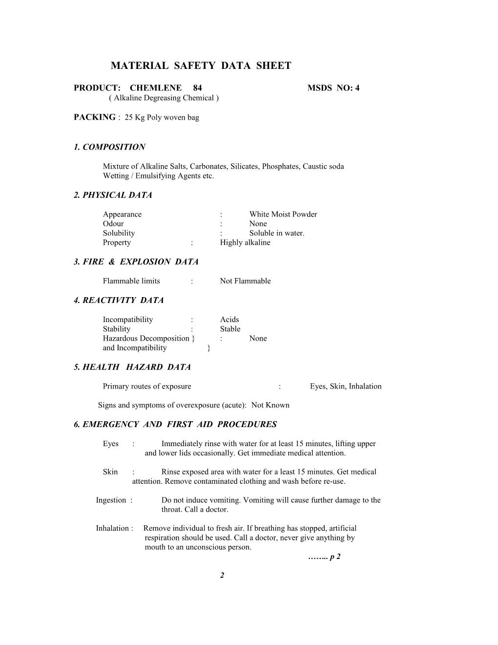 Material Safety Data Sheet s85