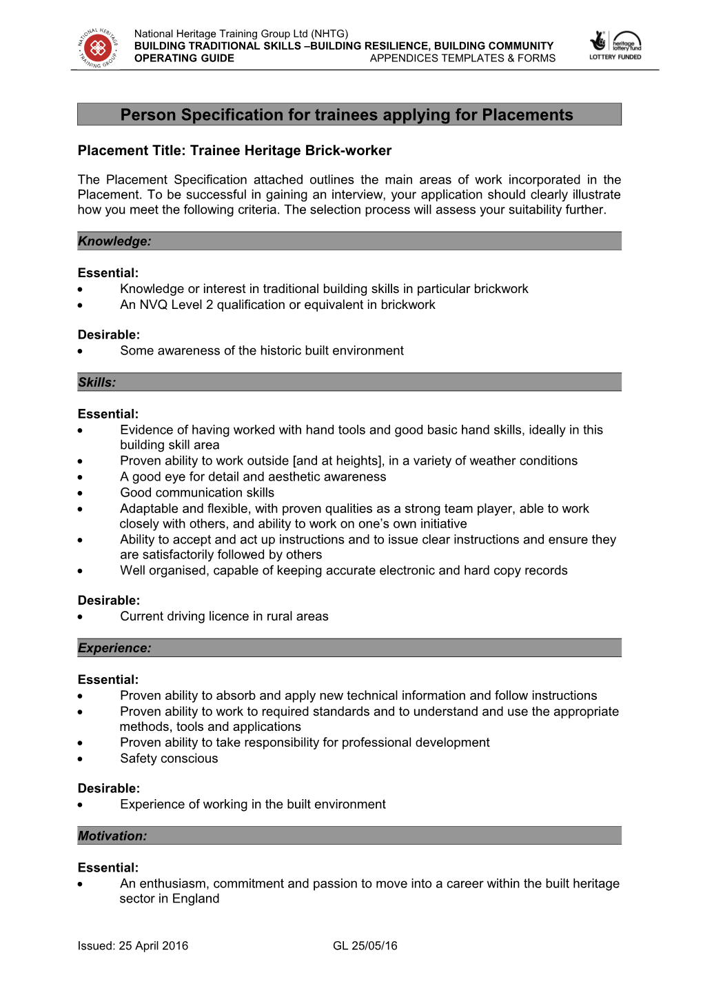 Person Specification for Trainees Applying for Placements