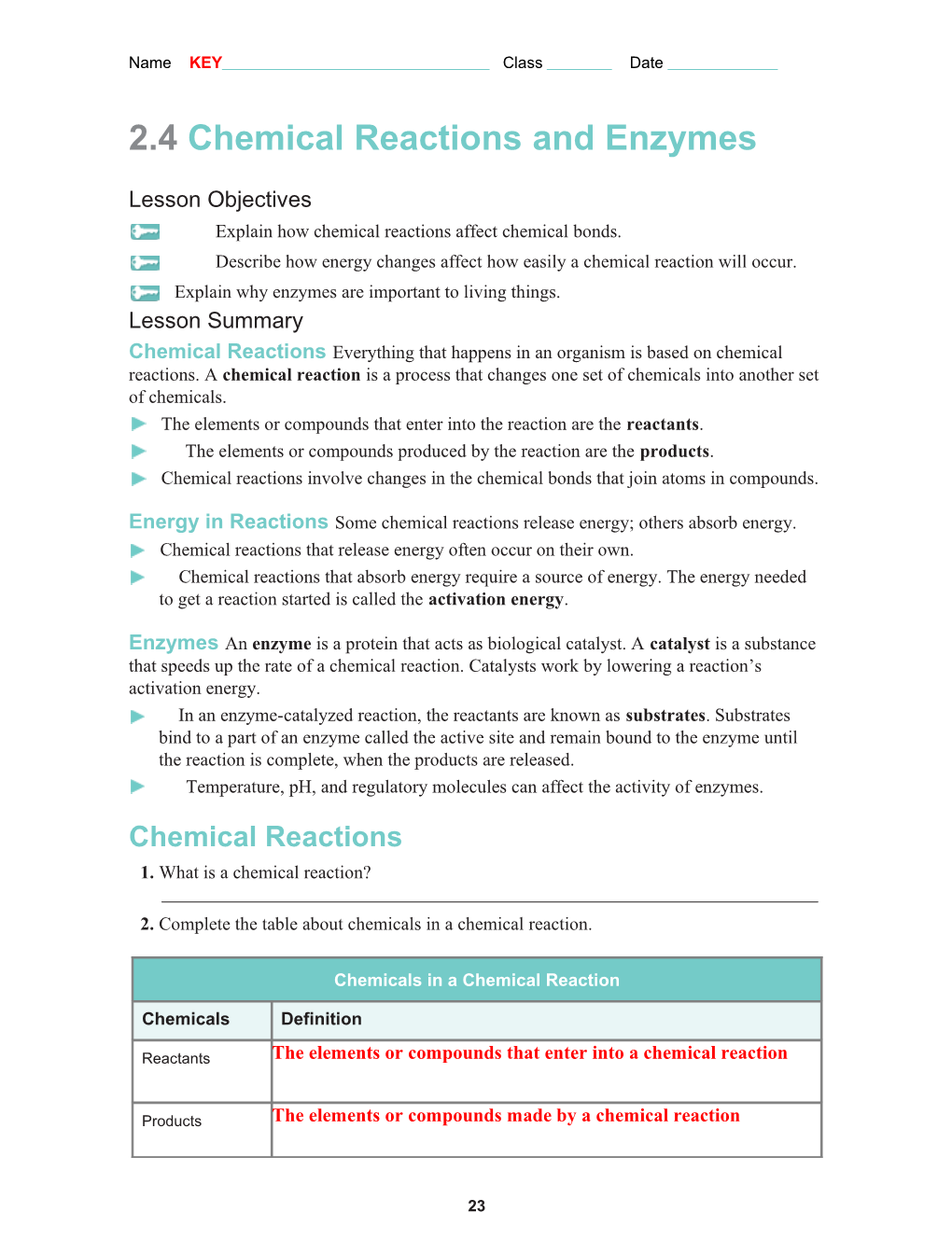 2.4 Chemical Reactions and Enzymes