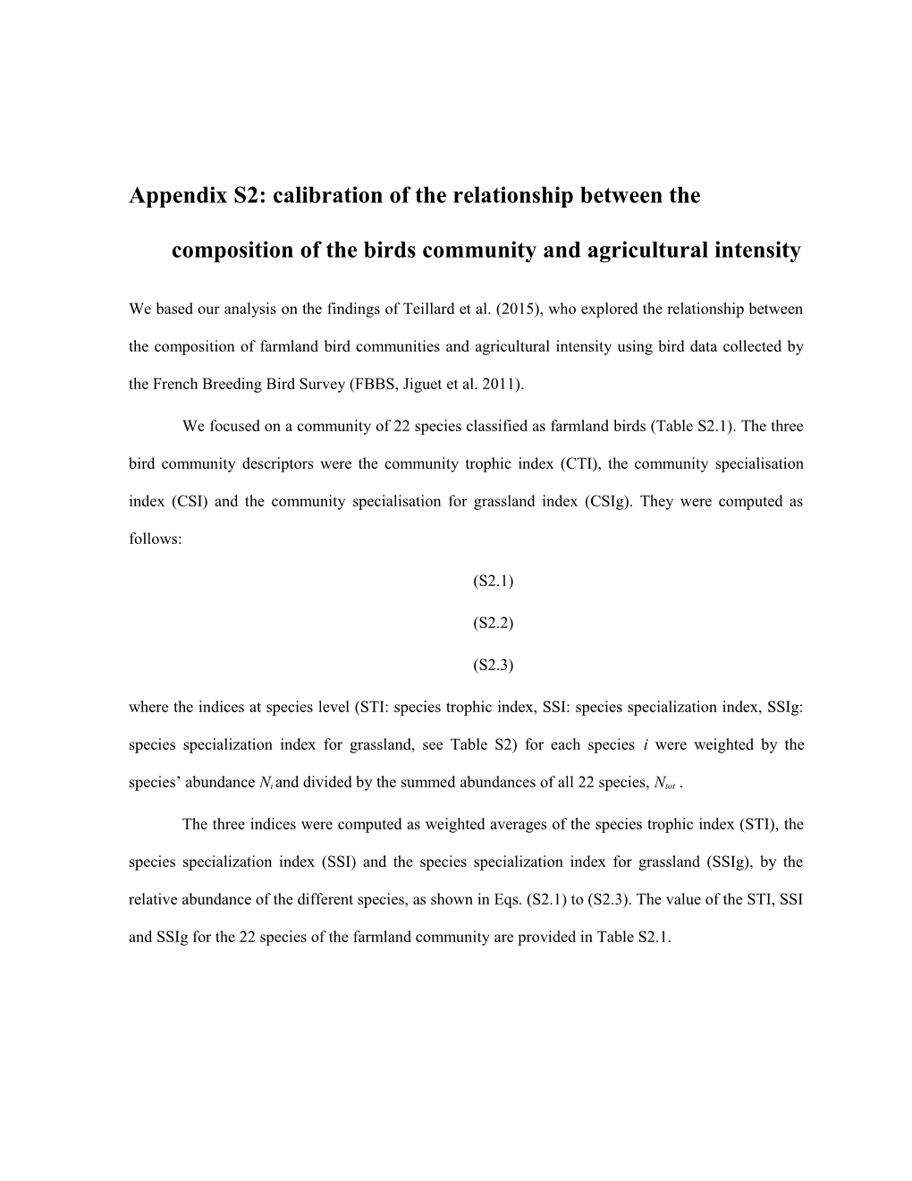 Appendix S2: Calibration of the Relationship Between the Composition of the Birds Community