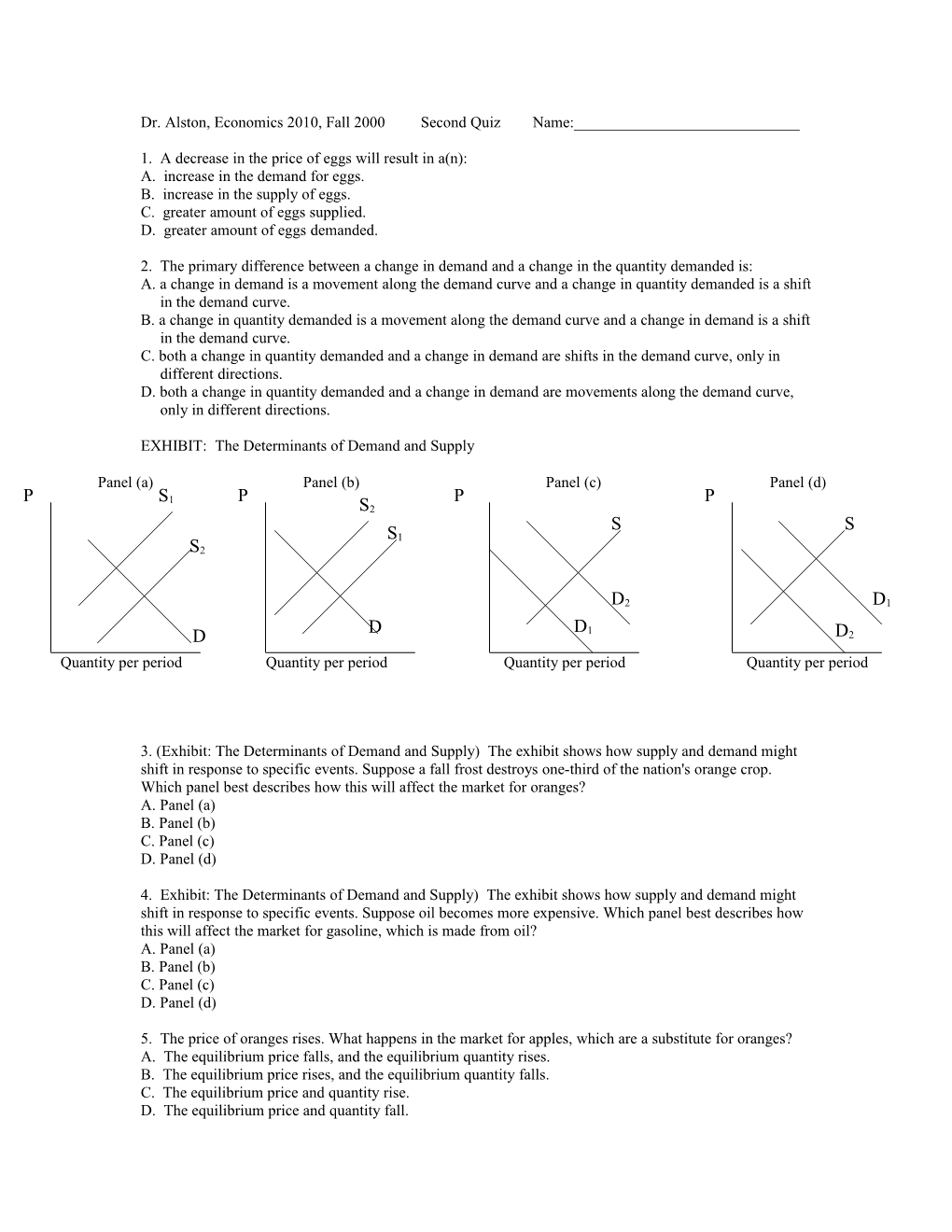 Dr. Alston, Economics 2010, Fall 2000 Second Quiz Name:______