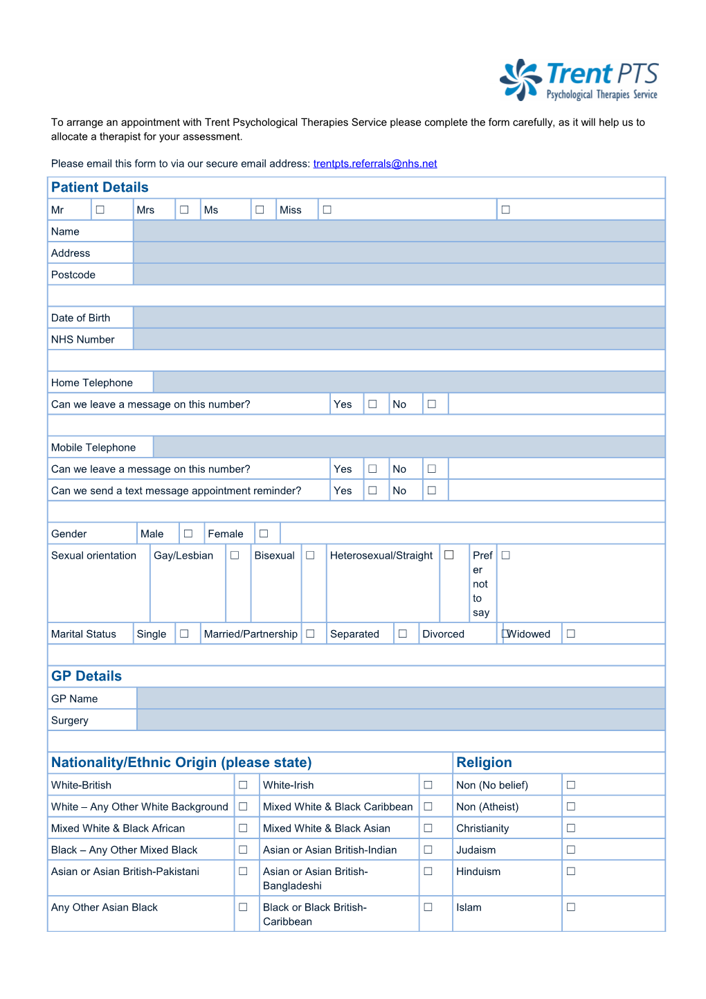 Please Email This Form to Via Our Secure Email Address