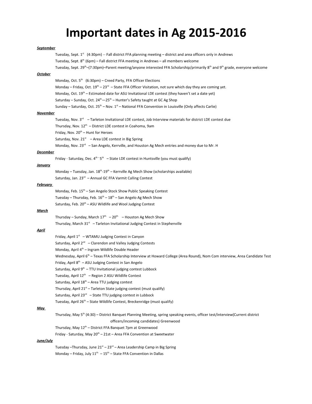 Important Dates in Ag 2015-2016