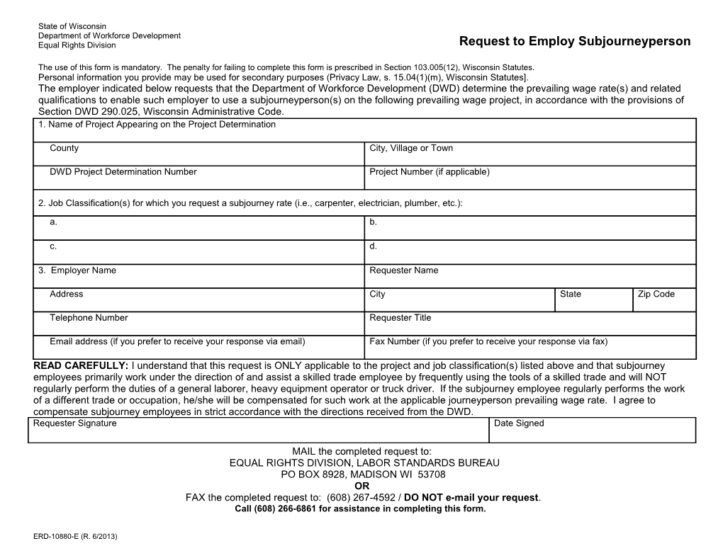 ERD-10880-E, Request to Employ Subjourneyperson