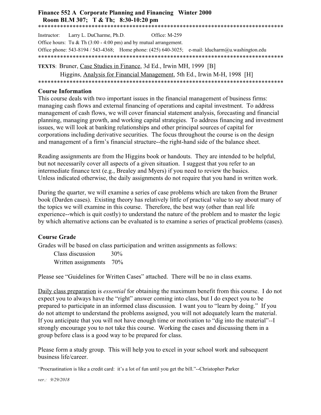 Finance 552 a Corporate Planning and Financing Winter 2000