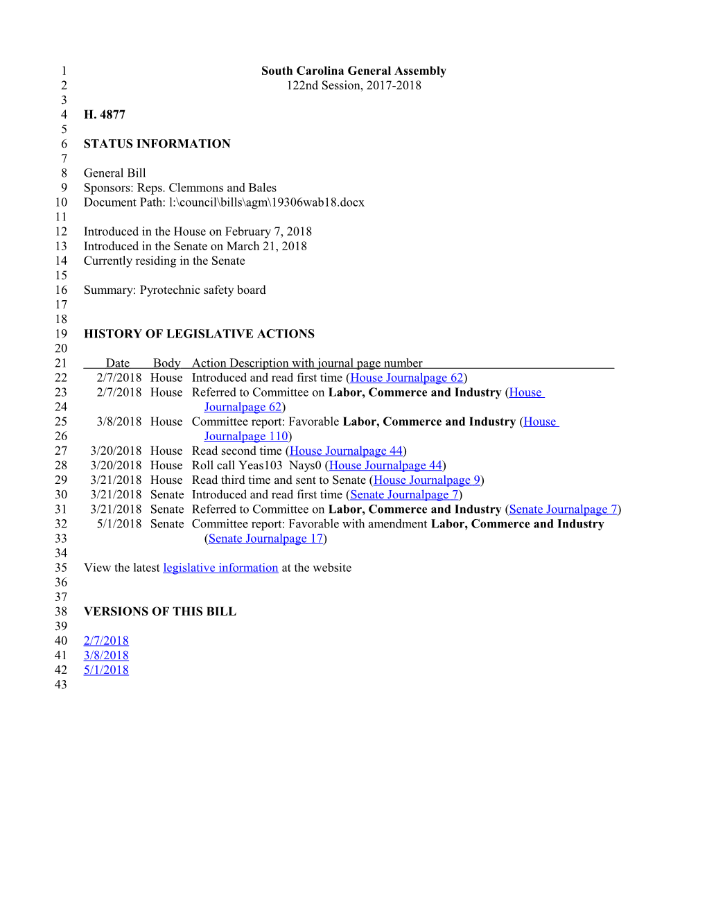 2017-2018 Bill 4877: Pyrotechnic Safety Board - South Carolina Legislature Online