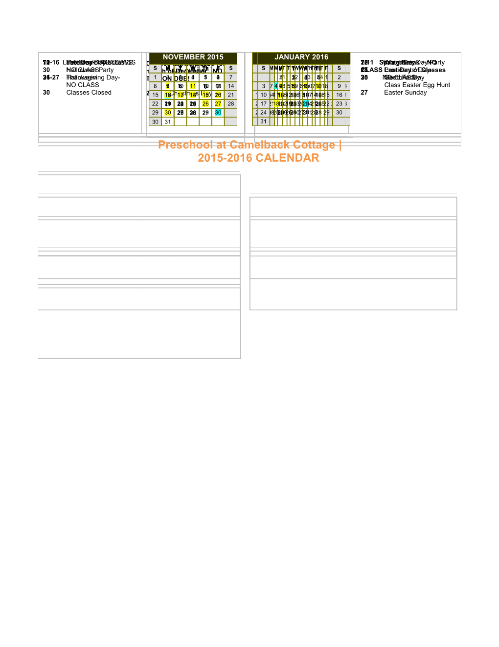 Preschool at Camelback Cottage 2015-2016 CALENDAR