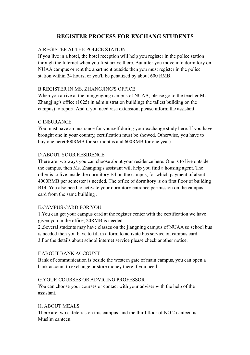 Register Process for Exchanging Students