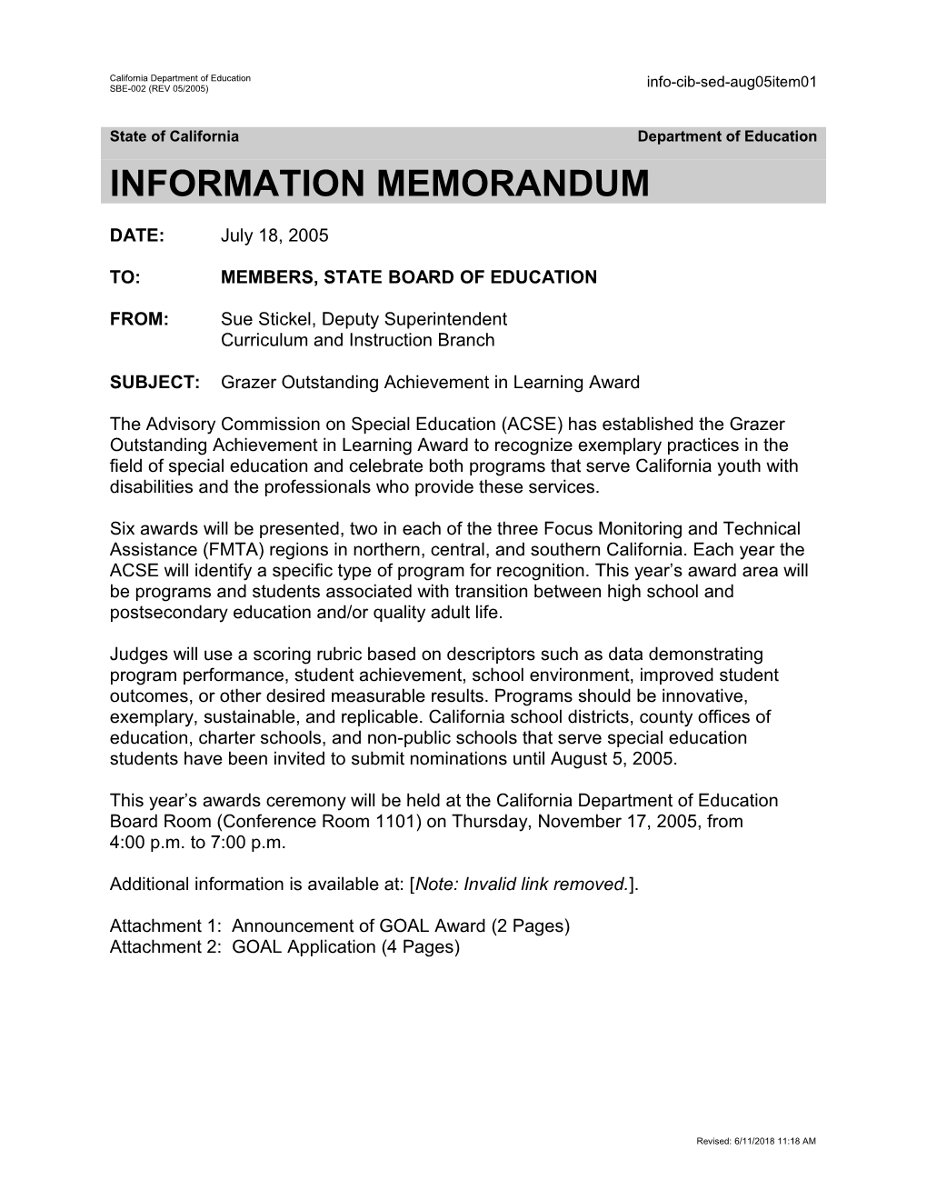 August 2005 Memorandum SED Item 1 - Information Memorandum (CA State Board of Education)