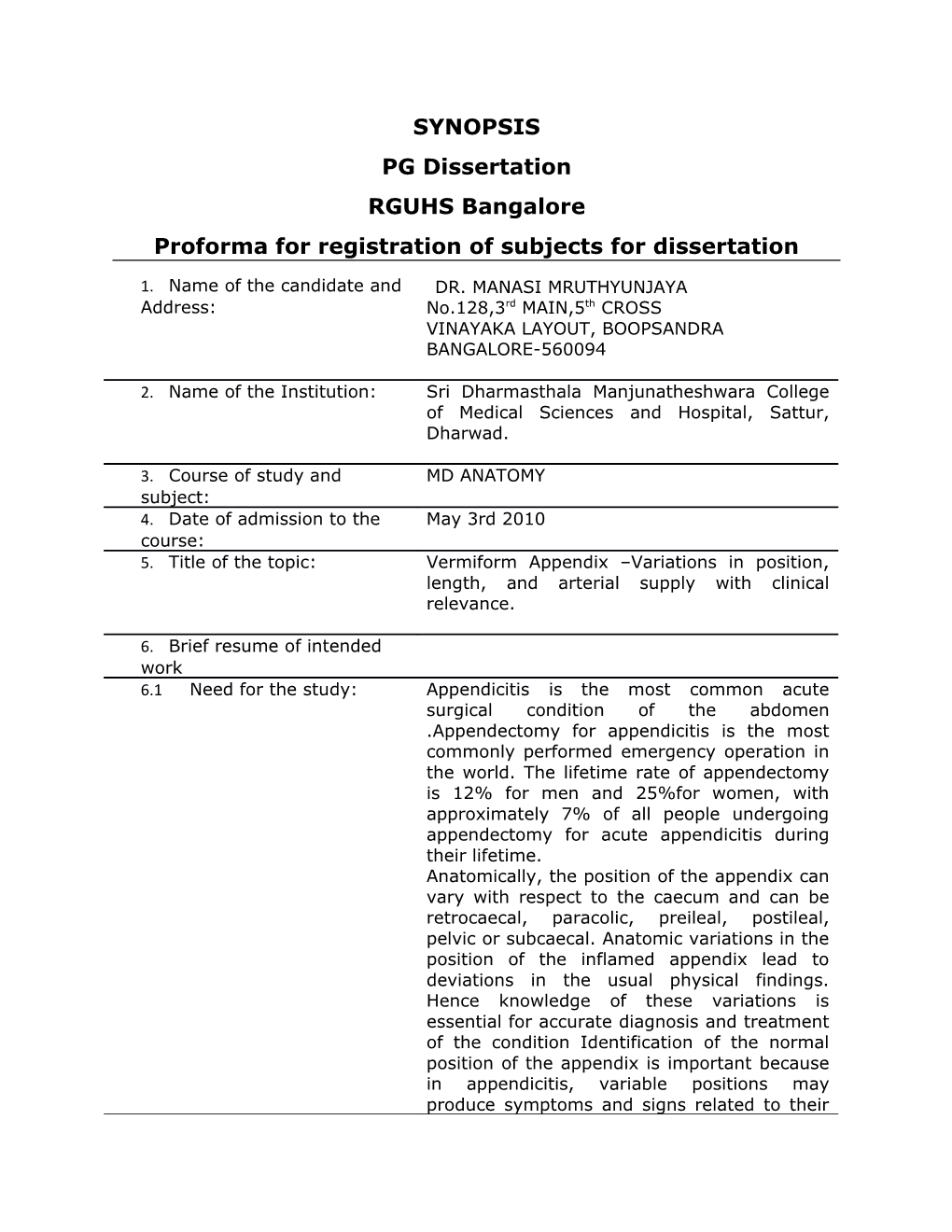 Proforma for Registration of Subjects for Dissertation