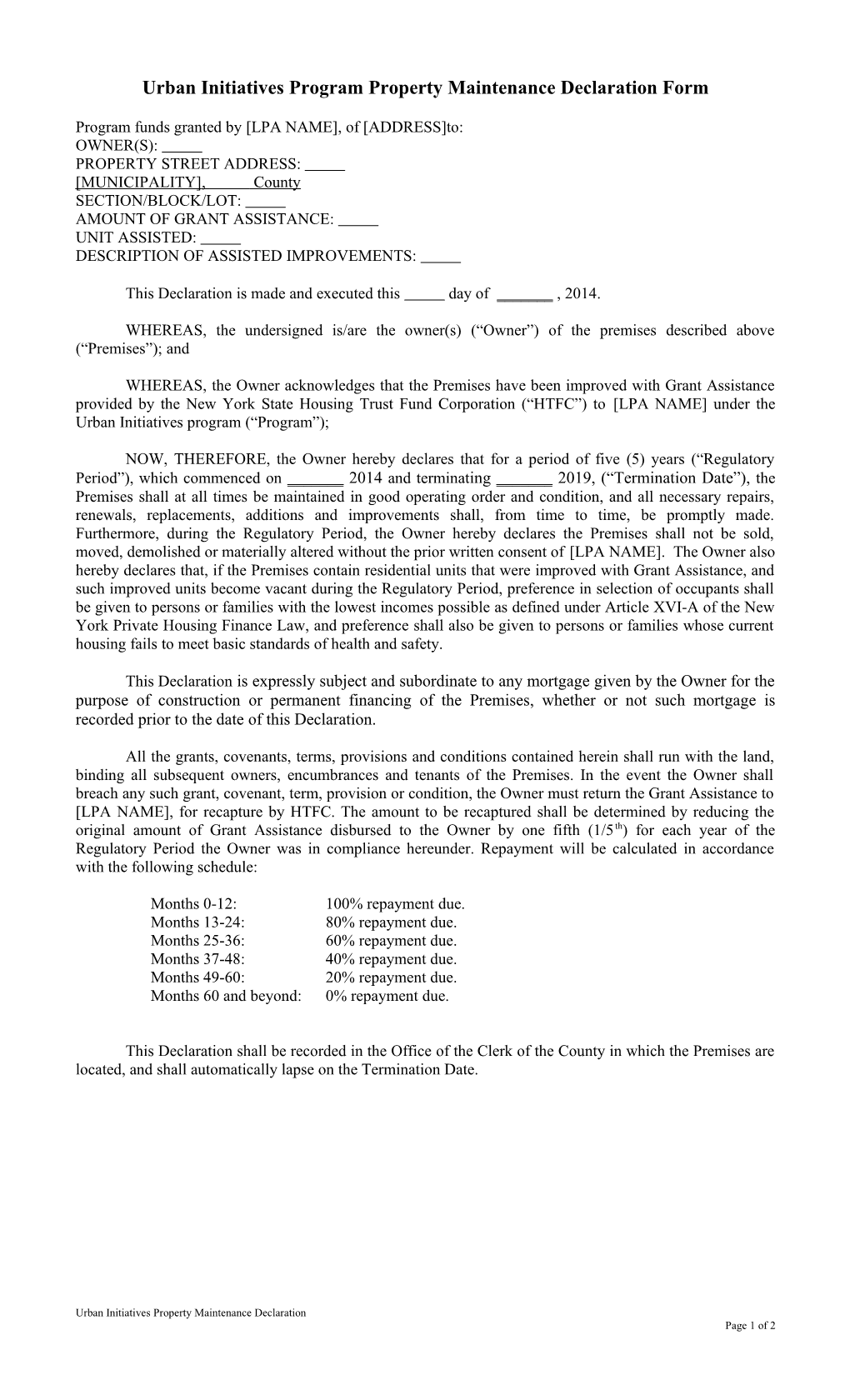 Urban Initiatives Program Property Maintenancedeclaration Form