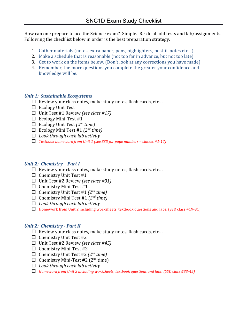 SNC1D Exam Study Checklist