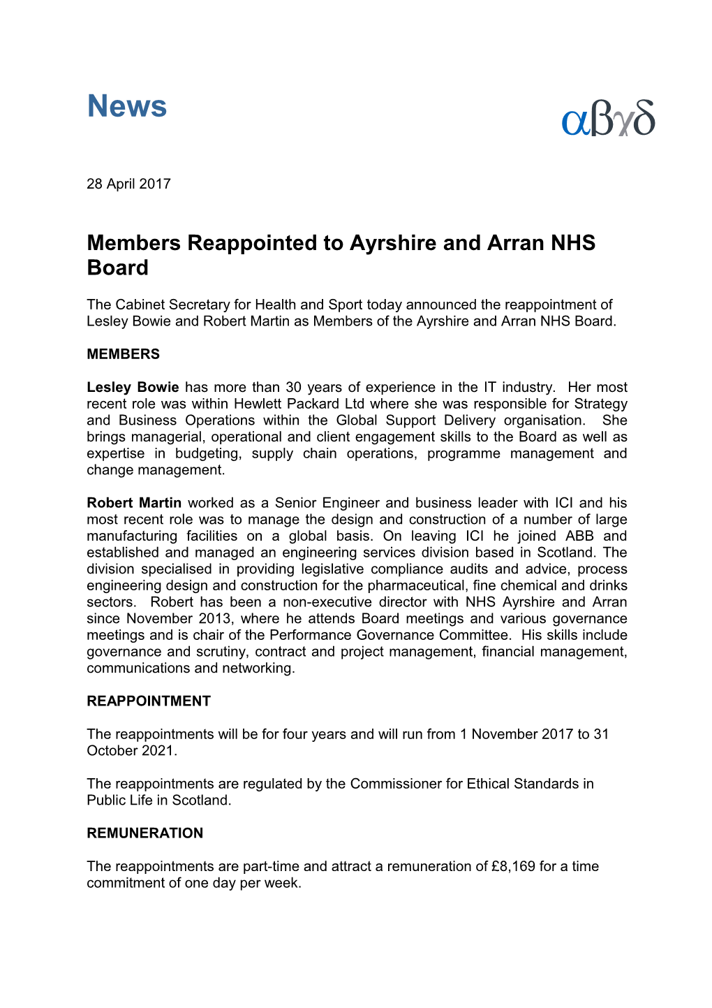 Members Reappointed to Ayrshire and Arran NHS Board