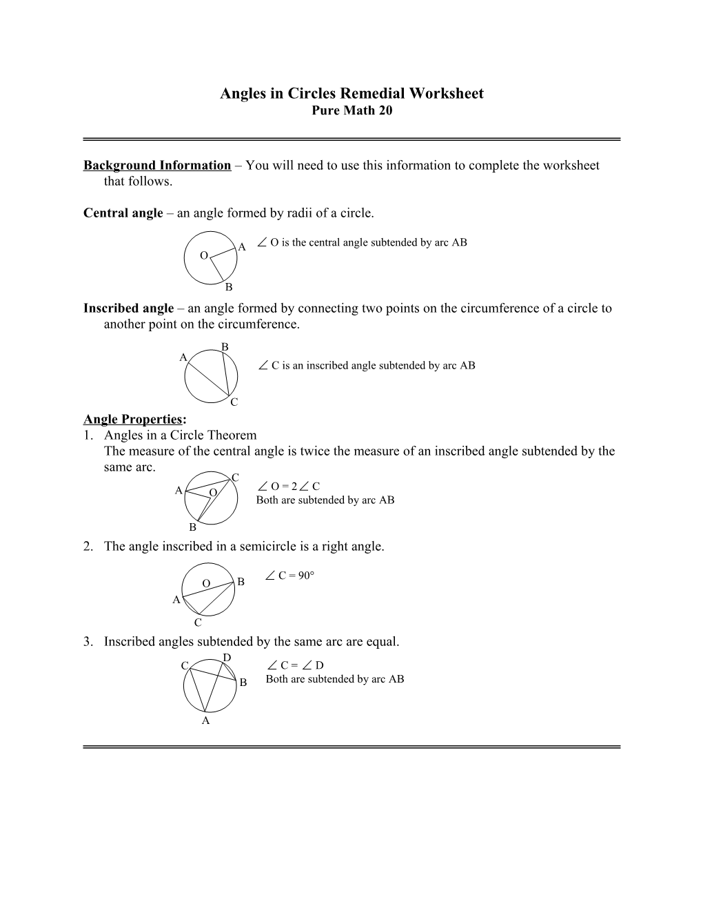 Angles in Circles Remedial Worksheet