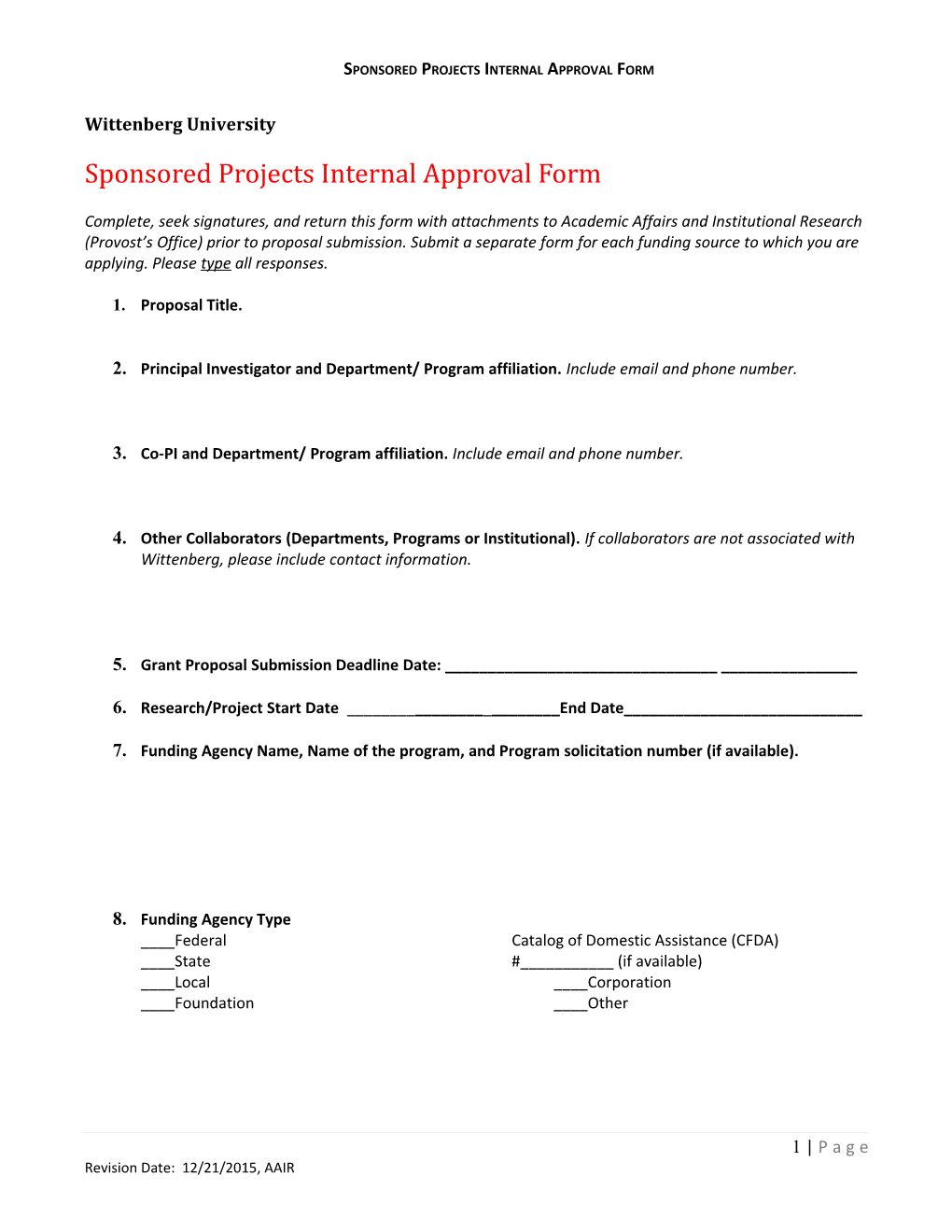 Sponsored Projectsinternal Approval Form
