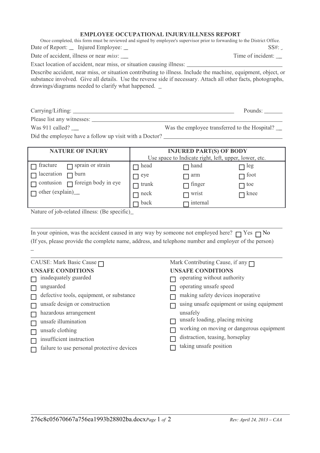 Employee Occupational Injury/Illness Report