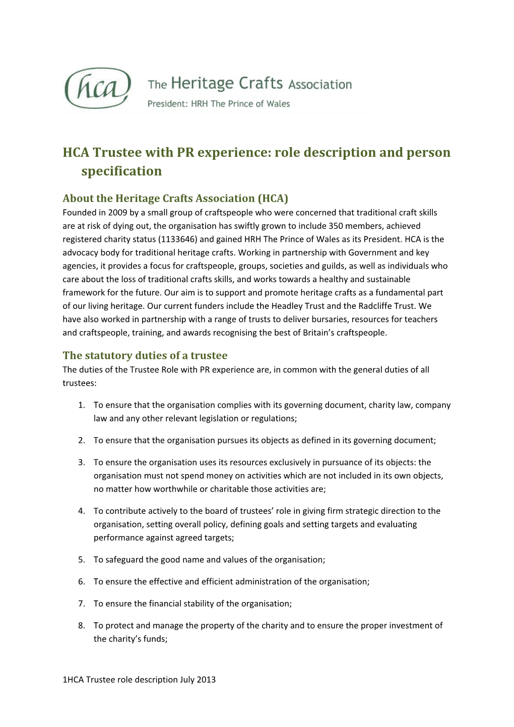 HCA Trustee with PR Experience: Role Description and Person Specification