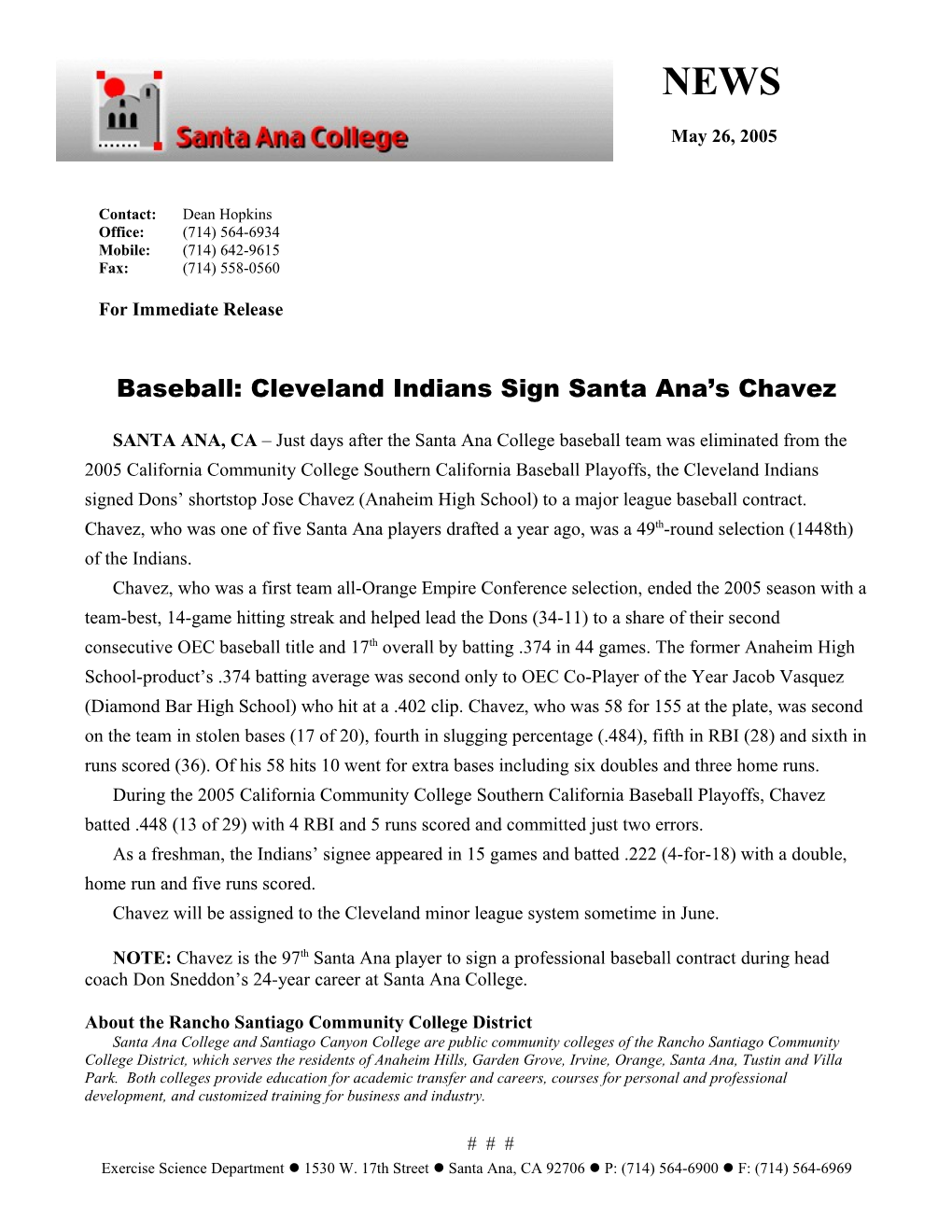Baseball: Cleveland Indians Sign Santa Ana S Chavez
