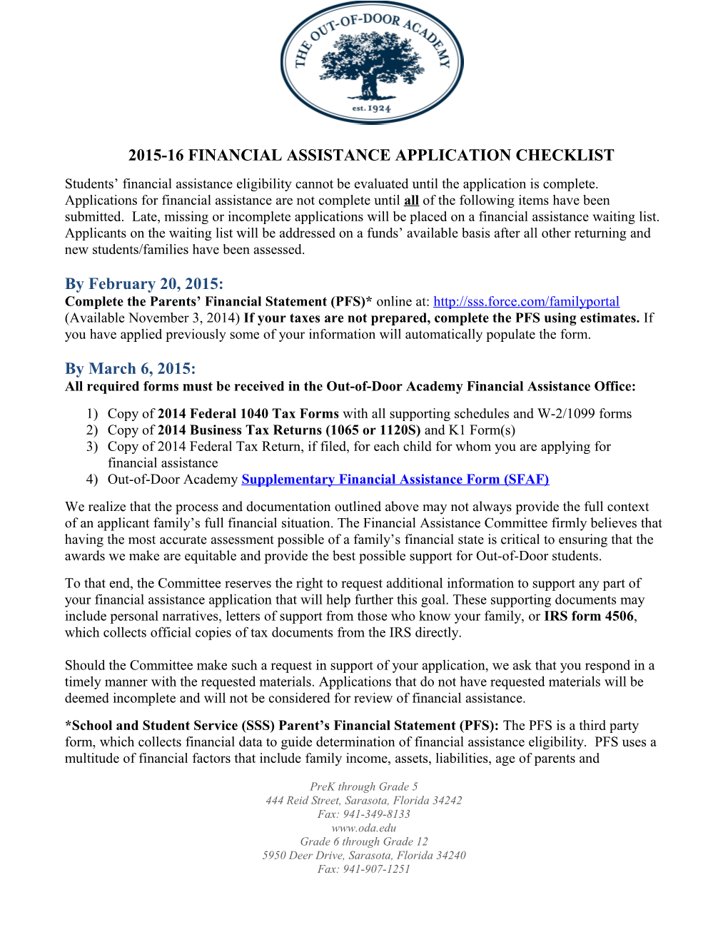 2015-16 Financial Assistance Application Checklist