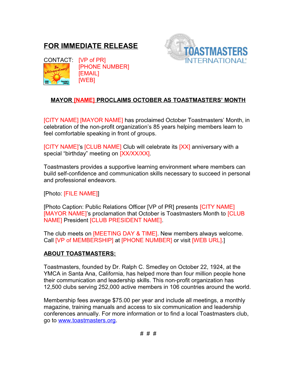 Toastmasters Proclamation Press Release