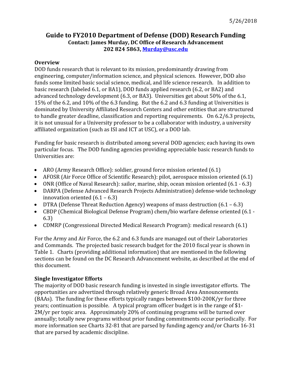 Guide to FY2010 Department of Defense (DOD) Research Funding