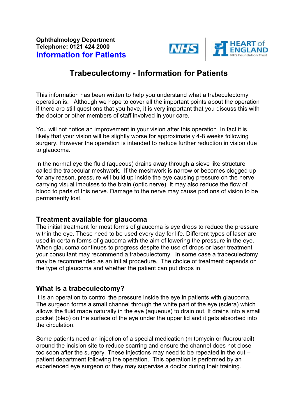 Trabeculectomy - Information for Patients