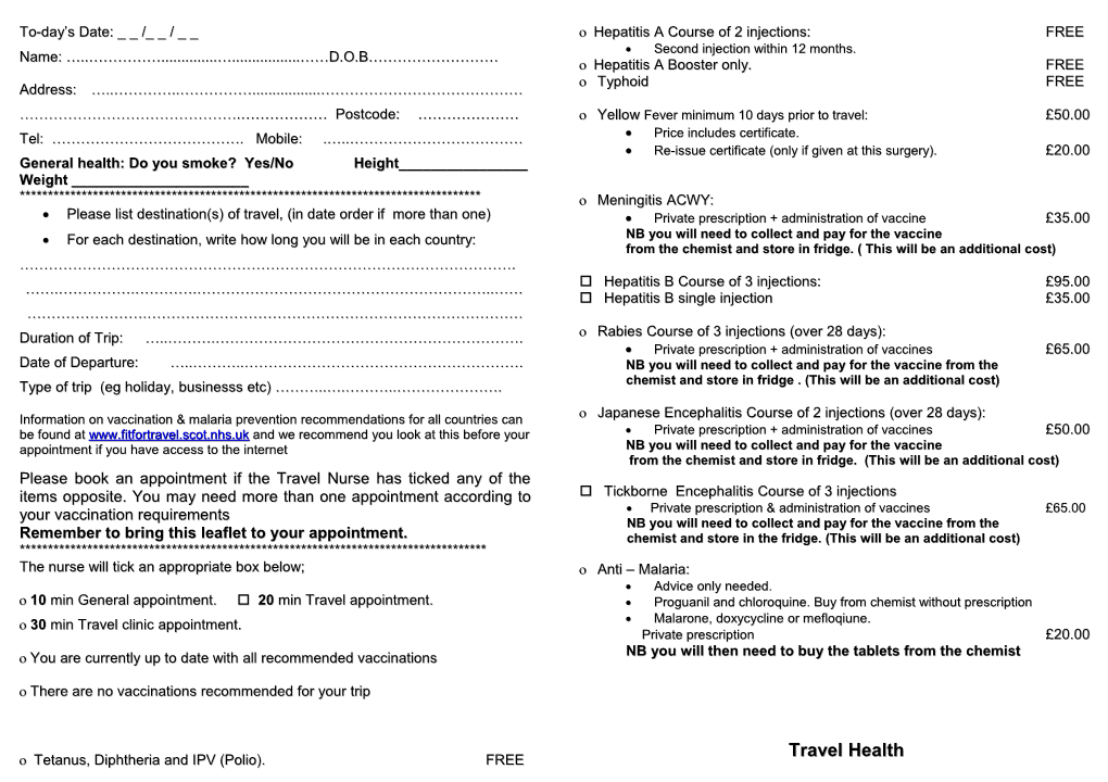 Booking Form for Travel Jabs