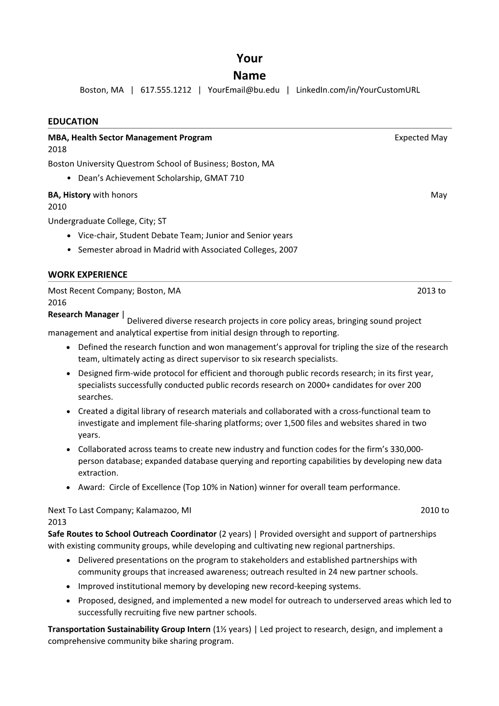 BU MBA Resume Format - Class of 2018 s1