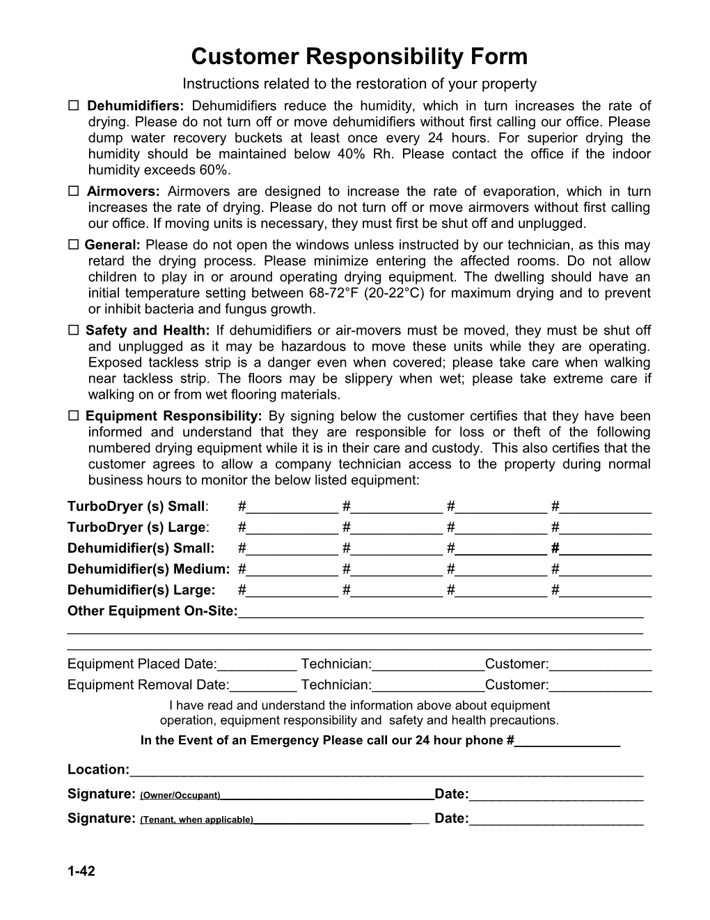 Customer Responcibity Form