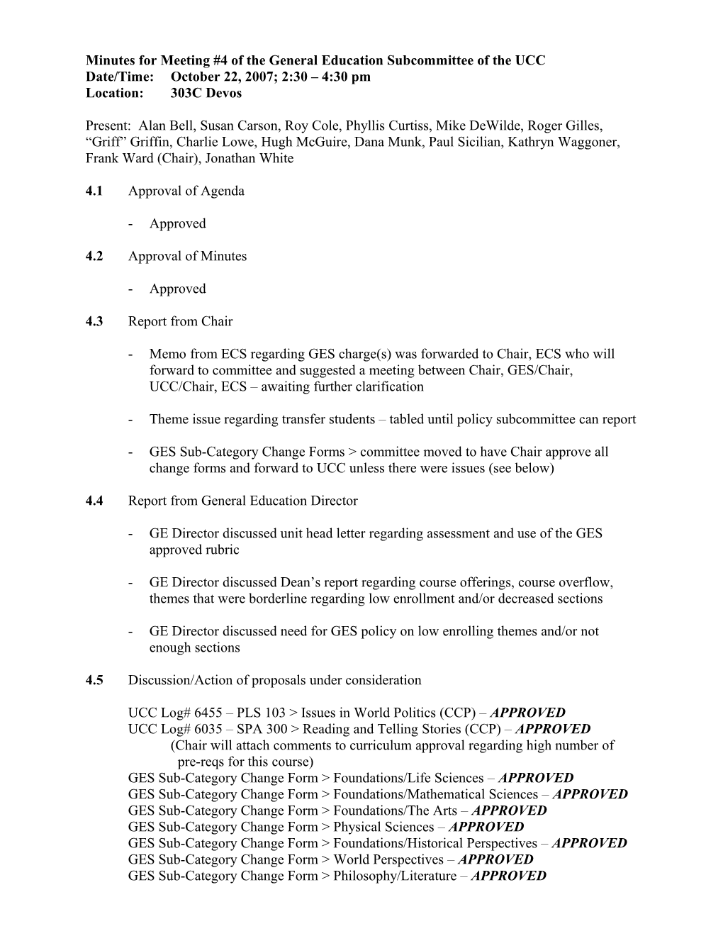 Minutes for Meeting #4 of the General Education Subcommittee of the UCC