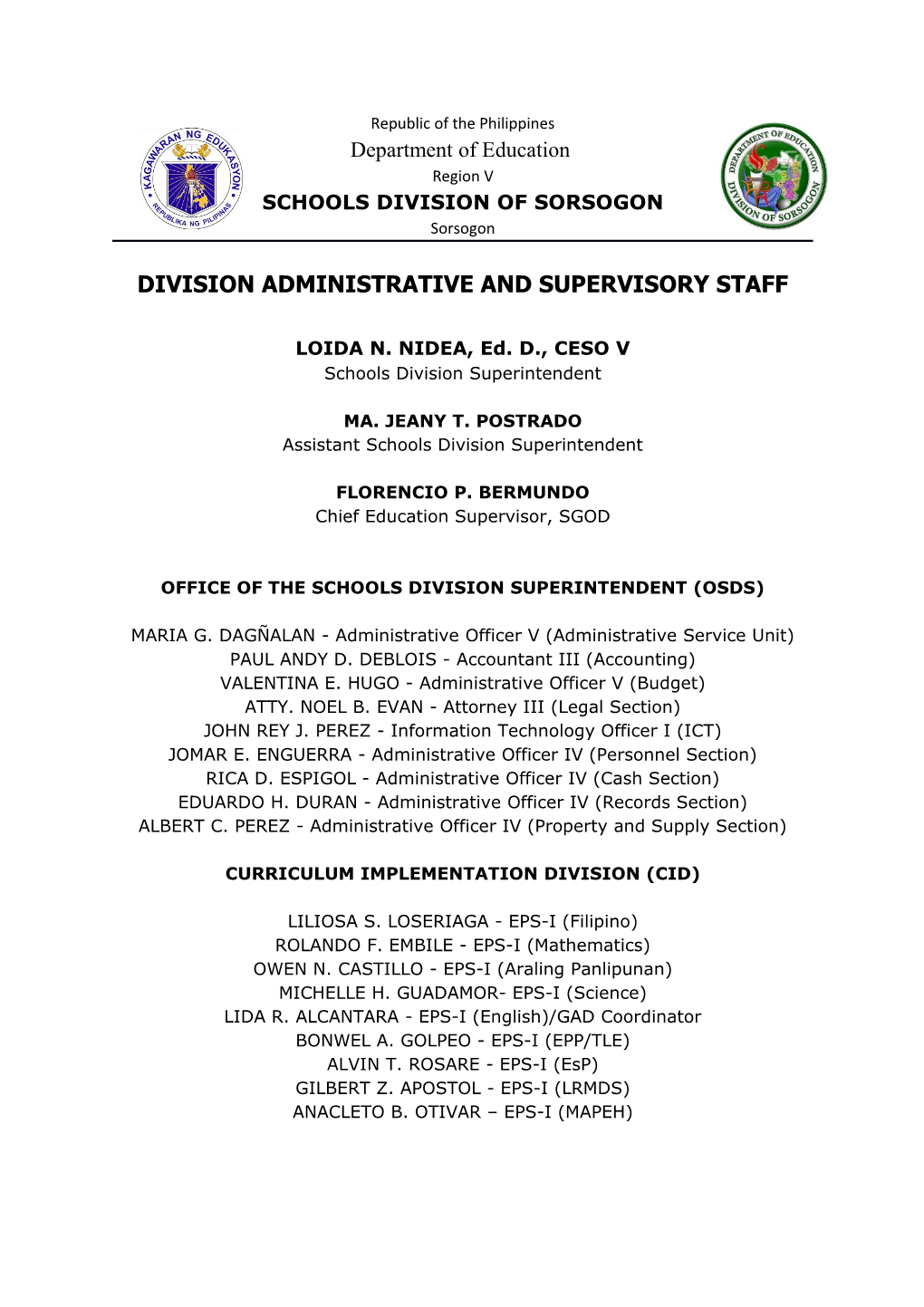 Division Administrative and Supervisory Staff
