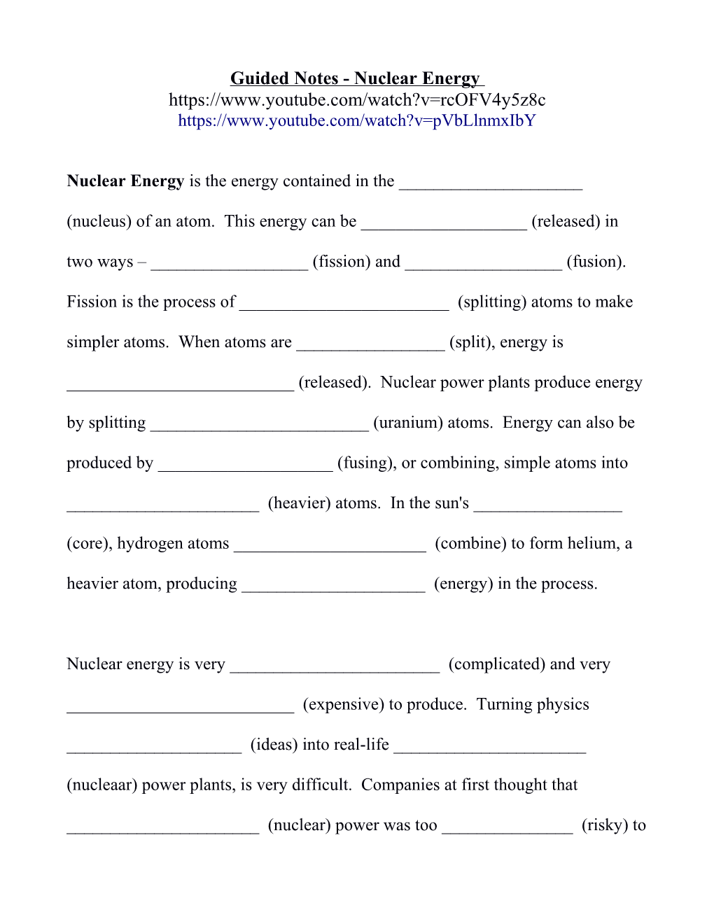 Guided Notes - Nuclear Energy