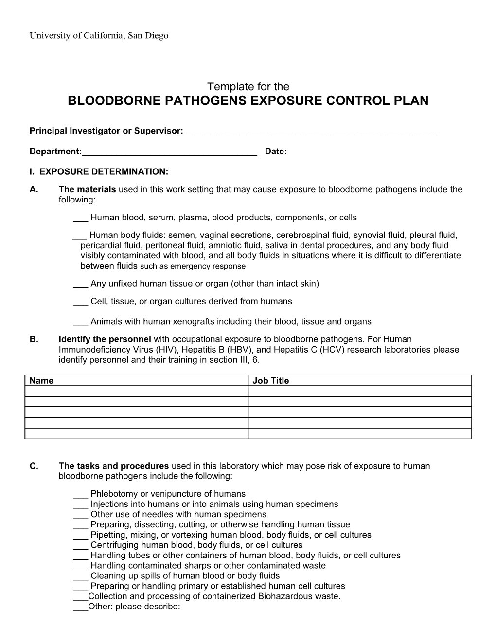 University of California at San Diego Laboratory Template for The