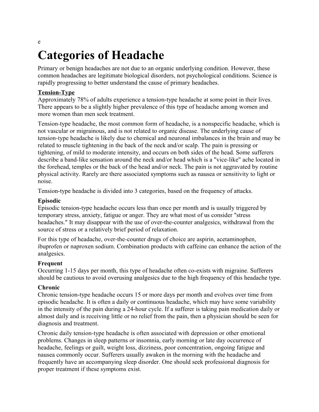 Categories of Headache