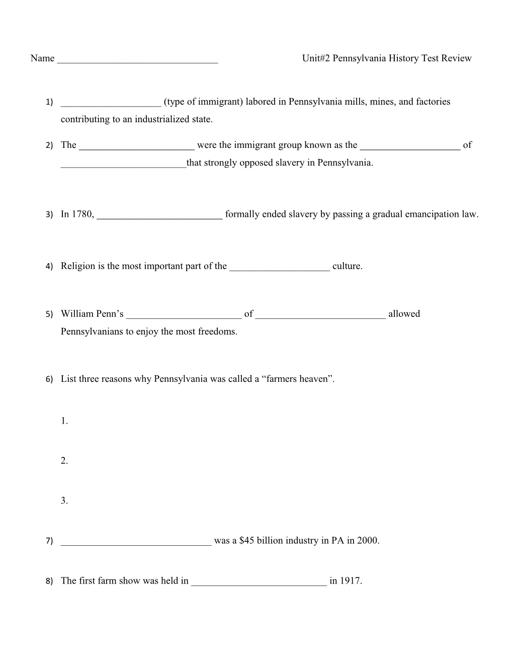 Name ______Unit#2 Pennsylvania History Test Review