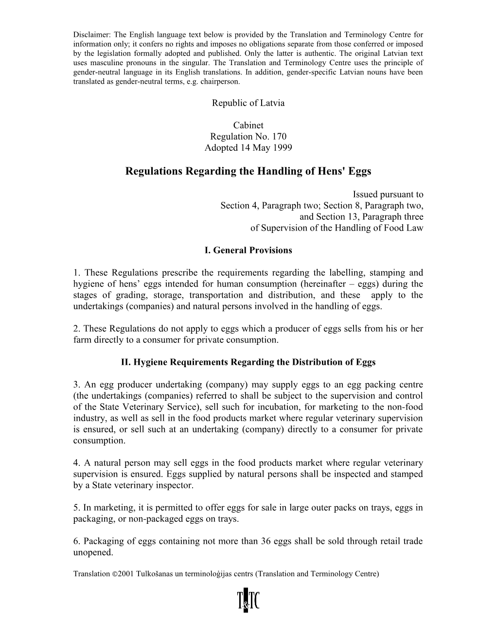 Regulations Regarding the Handling of Hens' Eggs