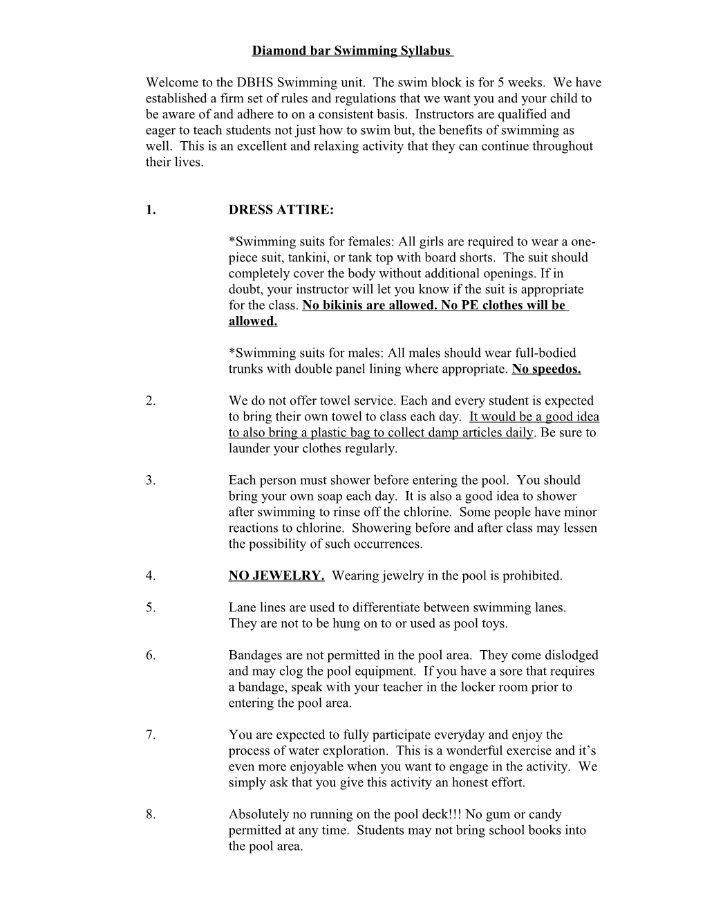 Swimming Standards for Students at the Chicago High School for Agricultural Sciences