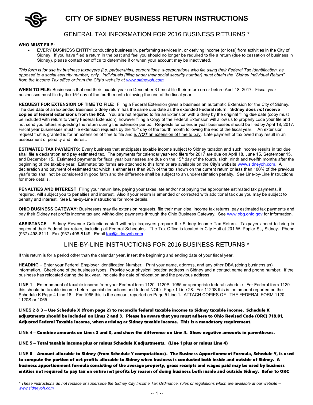 Instructions for Preparing Municipal Income Tax Forms