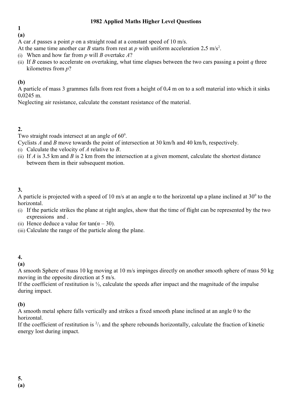 1982 Applied Maths Higher Level Questions