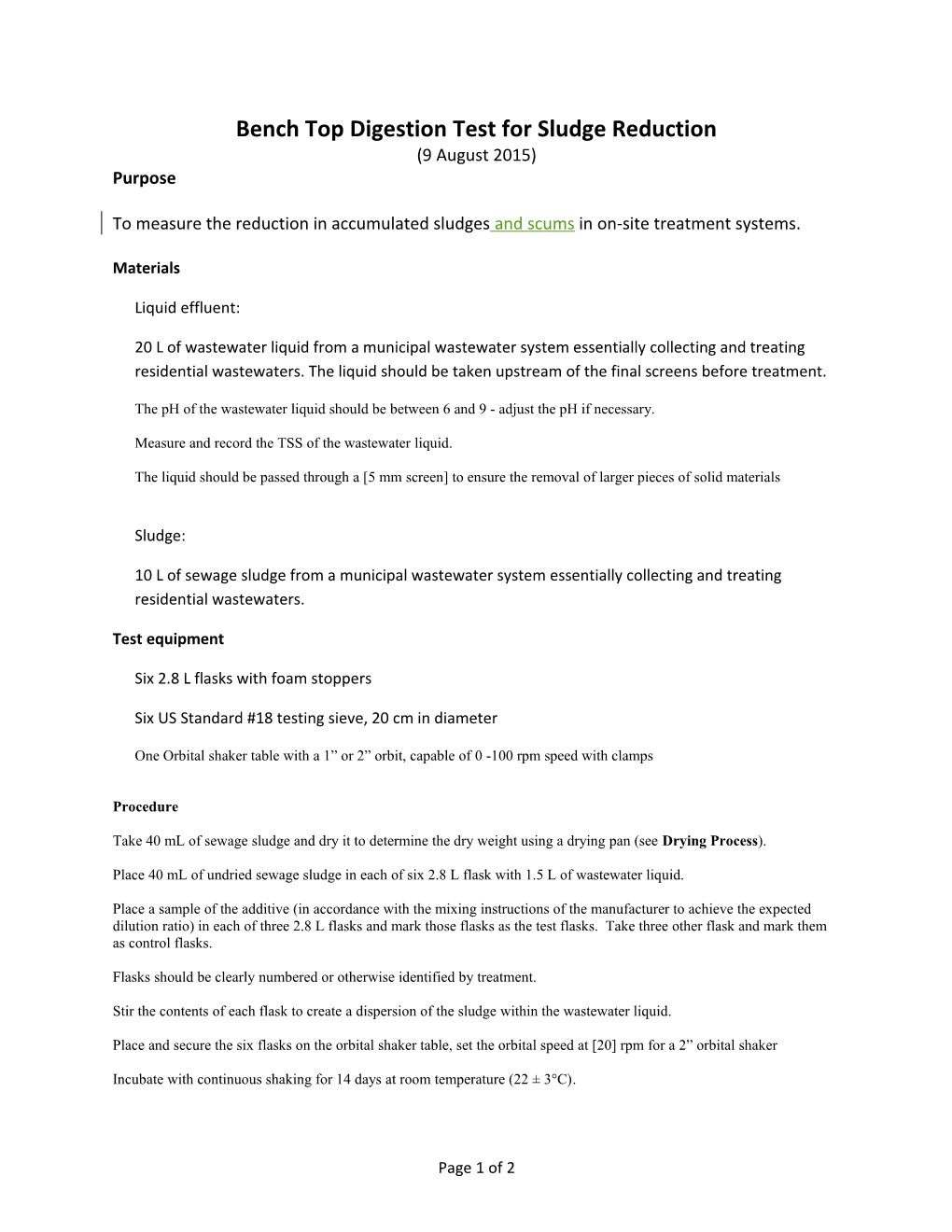 Bench Top Digestion Test for Sludge Reduction