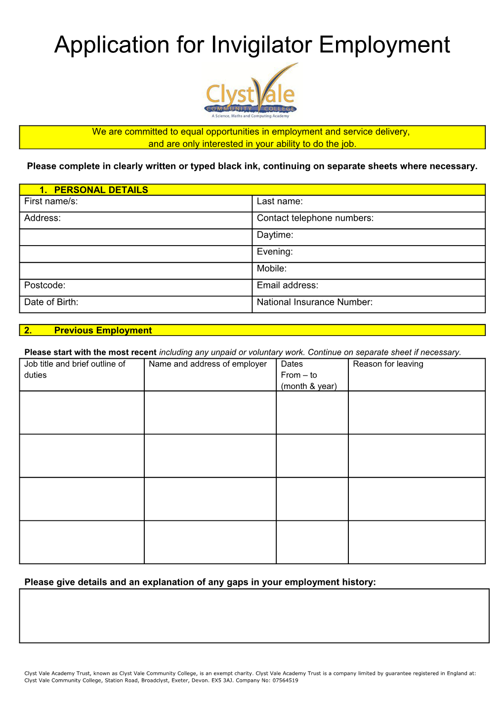 Application for Invigilator Employment