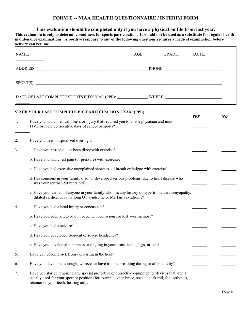 Form E Niaa Health Questionnaire / Interim Form