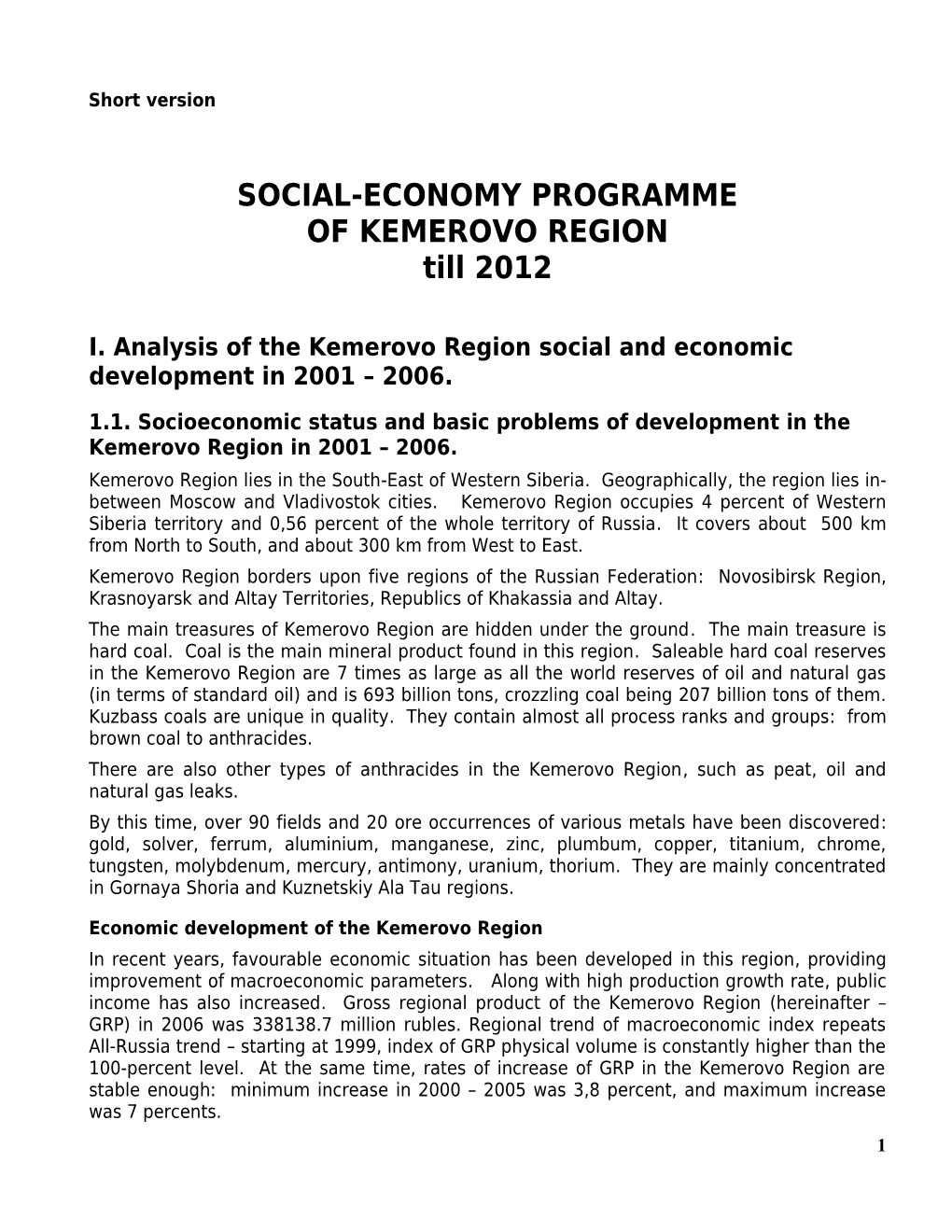 I.Analysis of the Kemerovo Region Social and Economic Development in 2001 2006