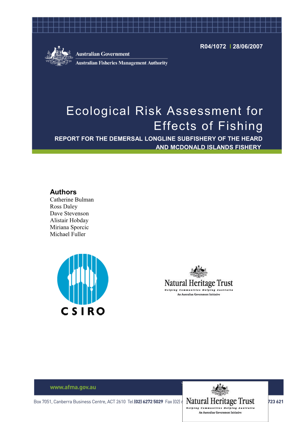 Ecological Risk Assessment for Effects of Fishing