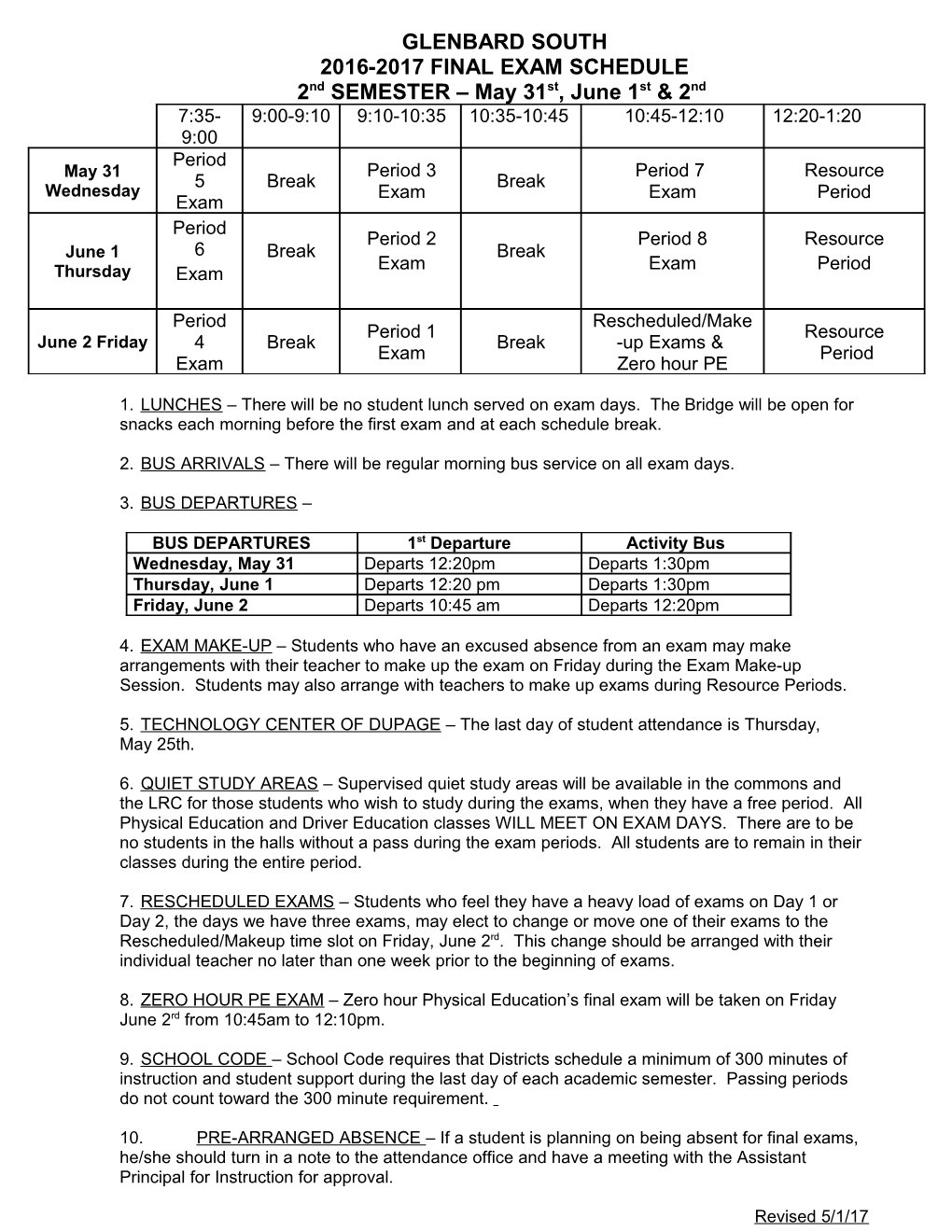 2016-2017 Final Exam Schedule