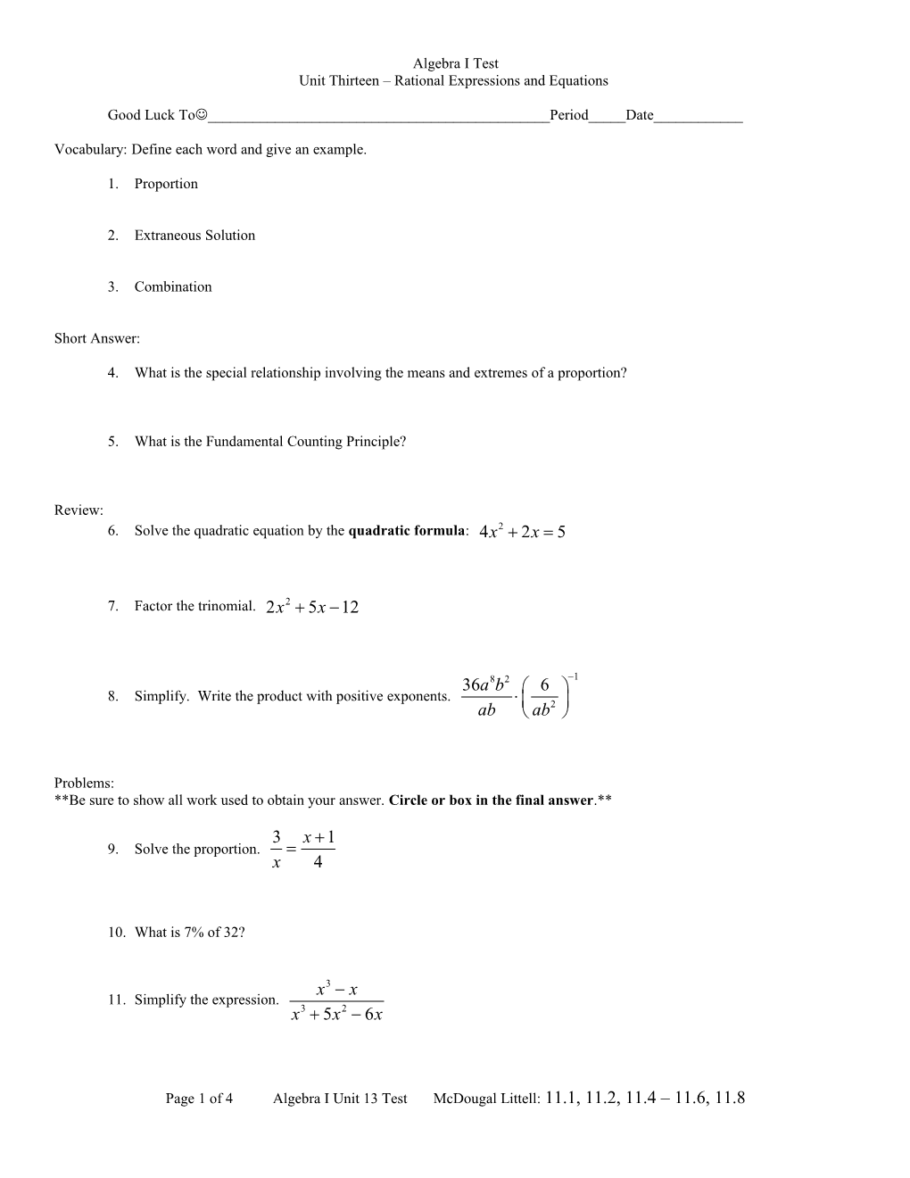 Unit Thirteen Rational Expressions and Equations