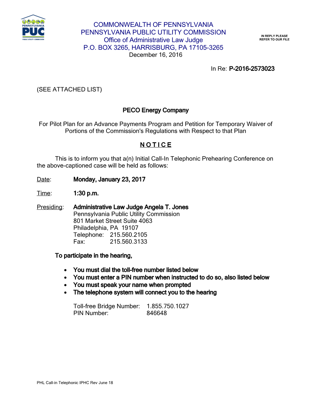 Philadelphia Prehearing Conference Notice