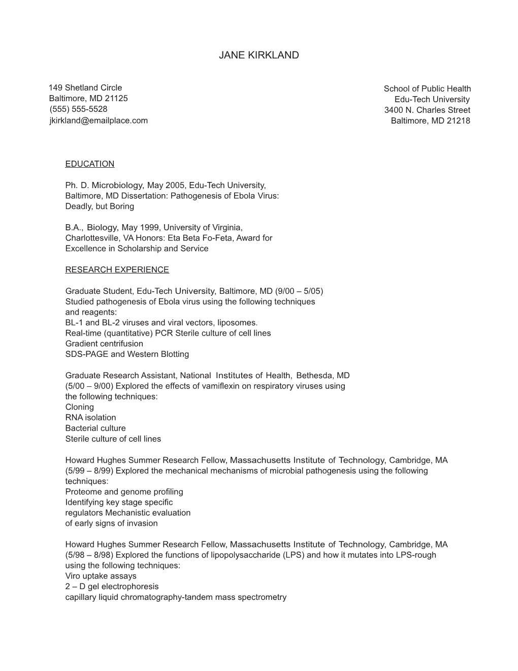 Microbiology PHD CV Example