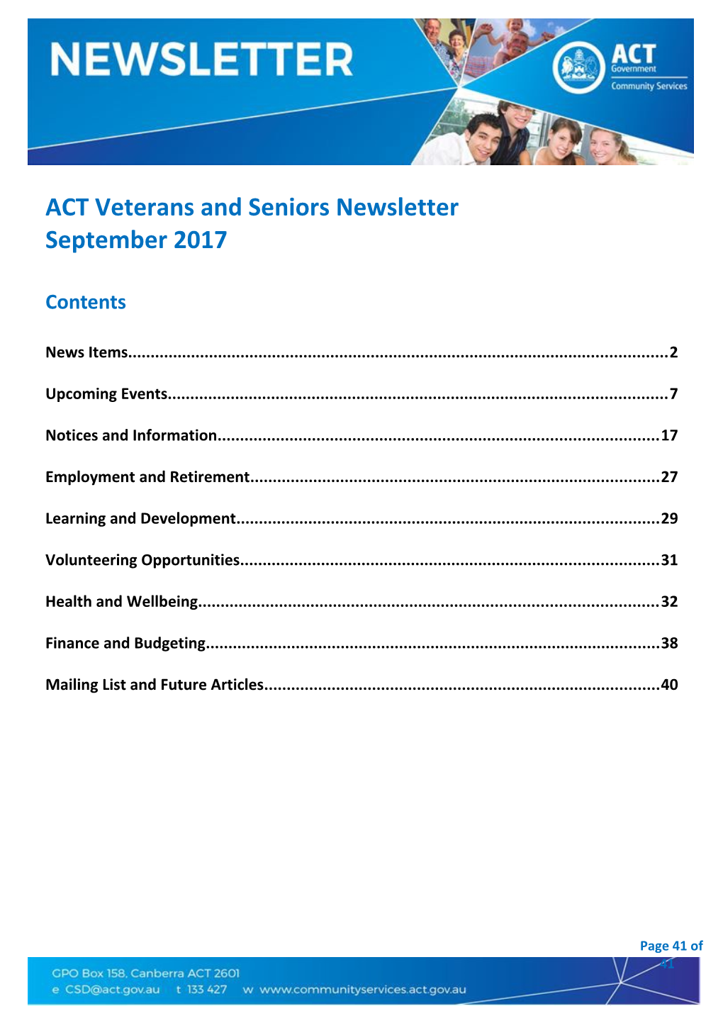 ACT Veterans and Seniors Newsletter September 2017